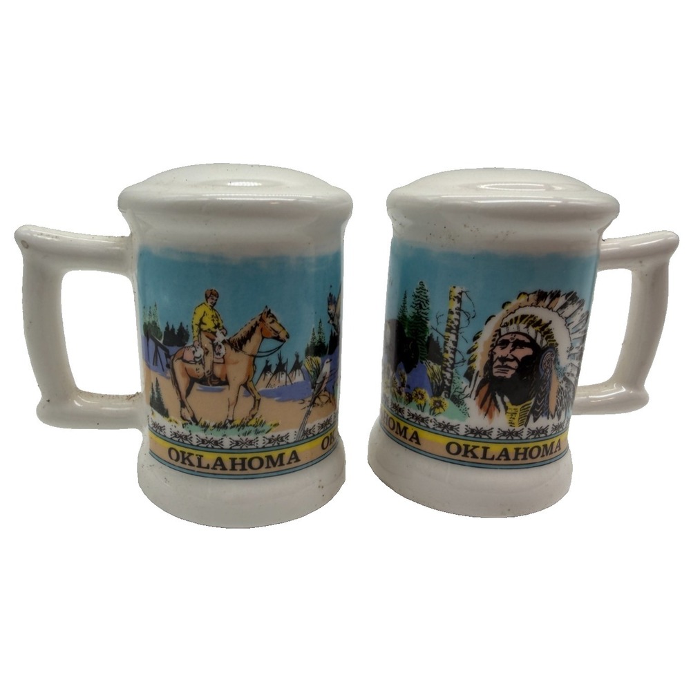 Vintage Oklahoma Souvenir Native American Cowboy Mug Ceramic Salt & Pepper Shake